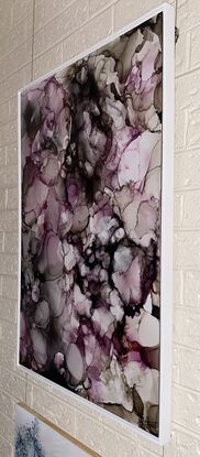 A contemporary abstracted inks painting depicting beautiful pink peonies growing in The Blue Mountains