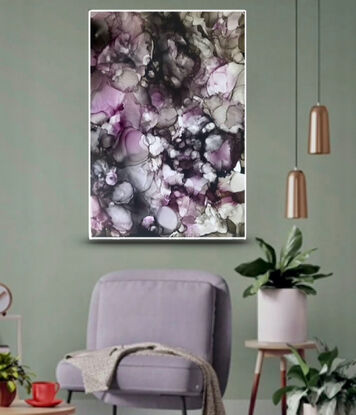 A contemporary abstracted inks painting depicting beautiful pink peonies growing in The Blue Mountains