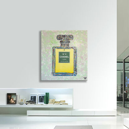 Chanel N5. Chanel bottle, Yellow art, art on canvas, acrylic art, oil art, diamond dust art, wall art, artwork ready to hang, luxury brands, fashion art, handmade art, 