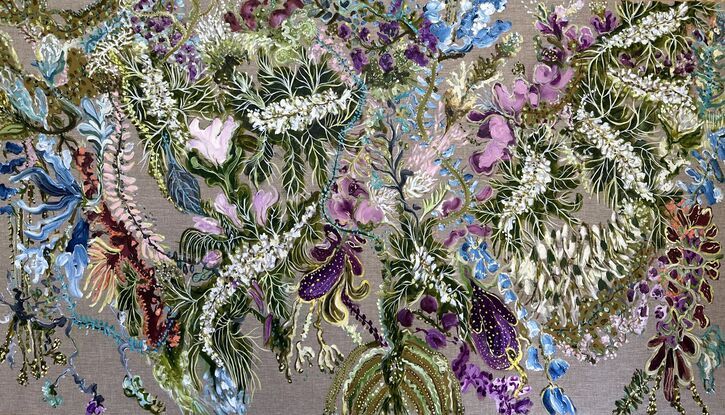 Leaves and foliage  with Purple flowers  on Linen



