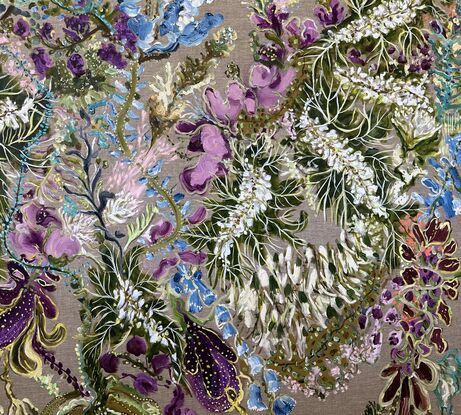 Leaves and foliage  with Purple flowers  on Linen



