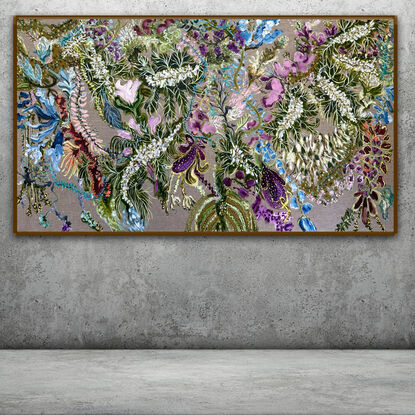 Leaves and foliage  with Purple flowers  on Linen



