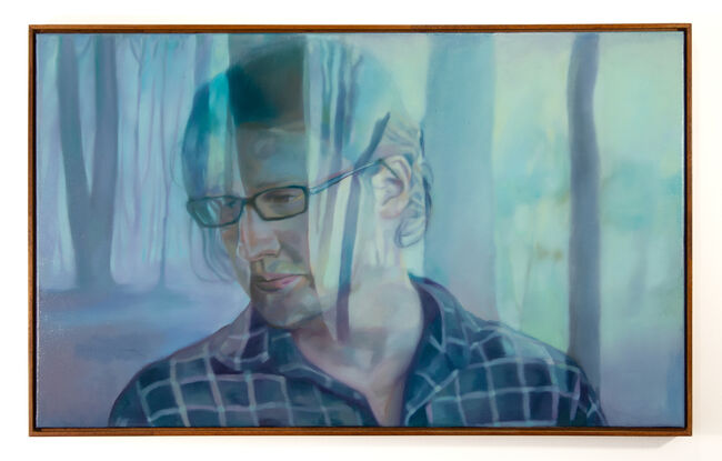 The artwork is a double exposure image of a man wearing glasses in a shirt, superimposed with an image of a forest. Through this juxtaposition, I aim to convey the interconnectedness of human beings and nature. The use of muted blue tones in the oil painting creates a sense of calm and introspection, inviting the viewer to contemplate their own relationship with the environment.