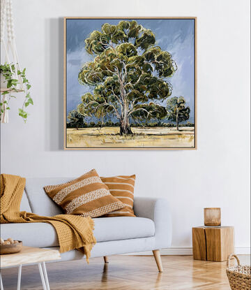 A large gum tree painted in an olive tone with loose brush strokes, painted on a blue canvas. 