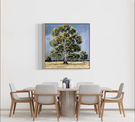 A large gum tree painted in an olive tone with loose brush strokes, painted on a blue canvas. 