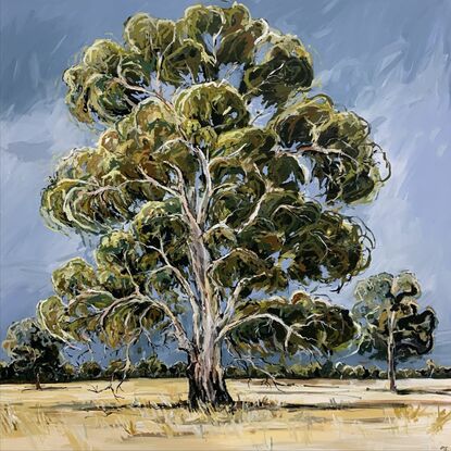 A large gum tree painted in an olive tone with loose brush strokes, painted on a blue canvas. 