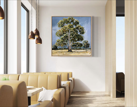 A large gum tree painted in an olive tone with loose brush strokes, painted on a blue canvas. 