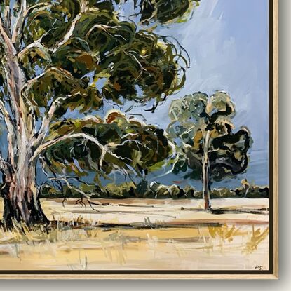 A large gum tree painted in an olive tone with loose brush strokes, painted on a blue canvas. 