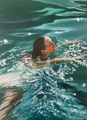 A beautiful woman with dark hair swims in a deep green ocean, sunlight dances on the water around her. Framed and ready to hang in lined white wood.