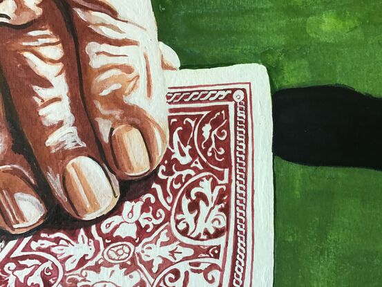 Bold watercolour painting of two hands playing poker, with a little lady sitting on a stack of one dollar coins looking on.