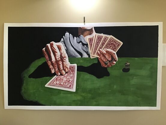 Bold watercolour painting of two hands playing poker, with a little lady sitting on a stack of one dollar coins looking on.