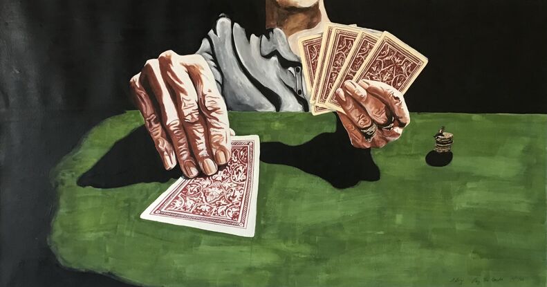 Bold watercolour painting of two hands playing poker, with a little lady sitting on a stack of one dollar coins looking on.