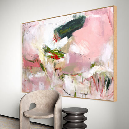 Subtle tones in green, pink, white, grey, beige and neutral tones combined with large expressive pencil and paint marks, across the canvas surface. 