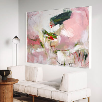 Subtle tones in green, pink, white, grey, beige and neutral tones combined with large expressive pencil and paint marks, across the canvas surface. 