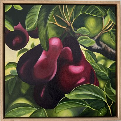 Close up painting of two juicy, burgundy pears hanging from the tree.