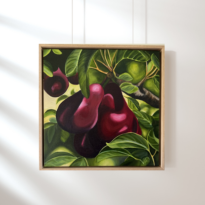 Close up painting of two juicy, burgundy pears hanging from the tree.