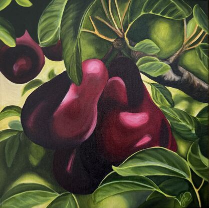 Close up painting of two juicy, burgundy pears hanging from the tree.