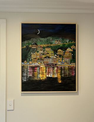 Vividly coloured bold Symi Islaand night scene