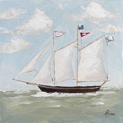 Coastal figurative painting featuring a sailing ship with flags.