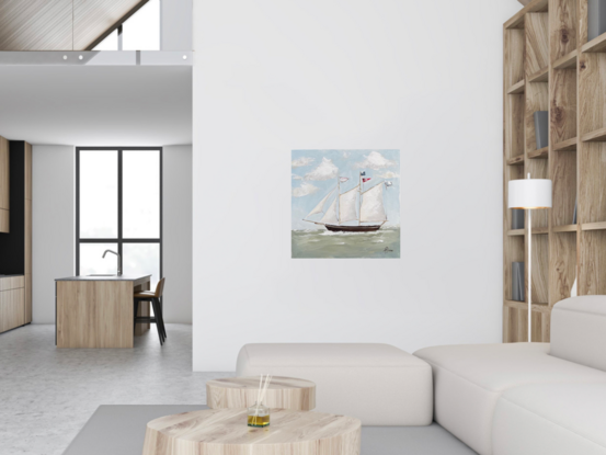 Coastal figurative painting featuring a sailing ship with flags.