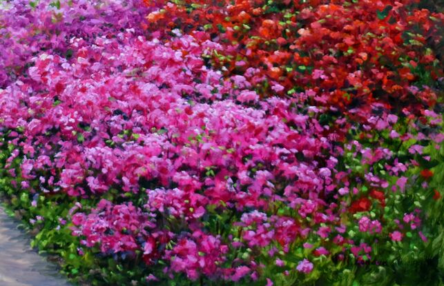 Landscape painting with blooming azaleas on a hill in the woods