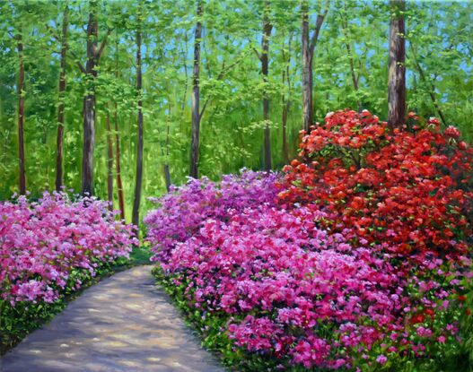 Landscape painting with blooming azaleas on a hill in the woods