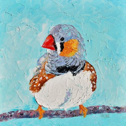 Textured palette knife oil painting of a small native Australian bird, the Zebra Finch. The bird is on a perch and the background is painted a textured turquoise blue.