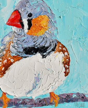 Textured palette knife oil painting of a small native Australian bird, the Zebra Finch. The bird is on a perch and the background is painted a textured turquoise blue.