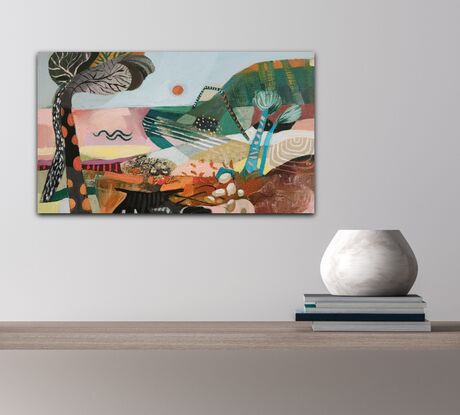 A whimsical decorative abstract landscape with  mountains, trees and rocks.
