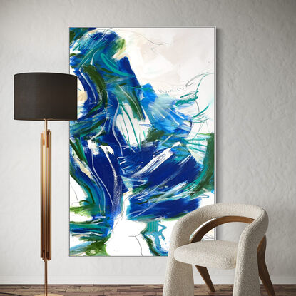 Subtle tones in green, teal, olive, blue, white, grey, green and beige combined with large expressive pencil and paint marks, across the canvas surface. 