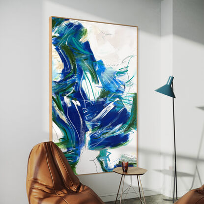 Subtle tones in green, teal, olive, blue, white, grey, green and beige combined with large expressive pencil and paint marks, across the canvas surface. 