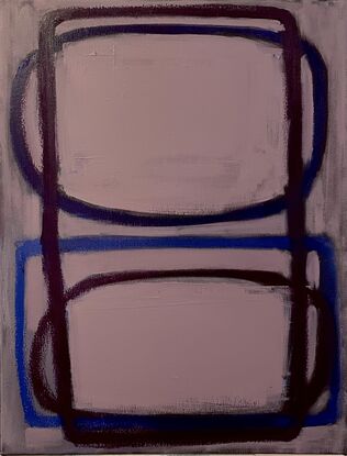 Washed mauve background with  interlinking organic shapes using oil sticks in indigo blue and violet.