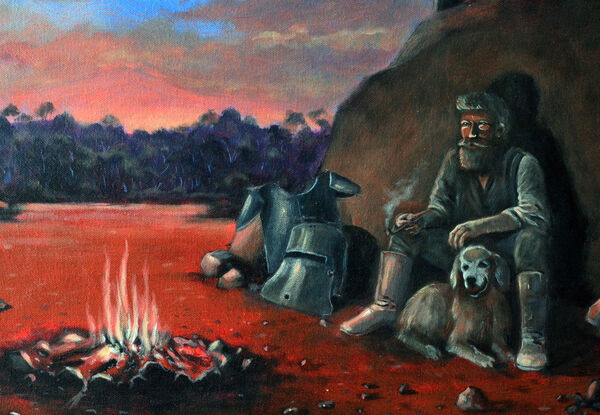 The landscape is sparse, with bare trees and a large rock or hill against which Kelly leans. His loyal dog rests beside him, its presence offering companionship in the desolate wilderness. The overall mood is contemplative, as if Kelly is reflecting on his tumultuous life as a bushranger. 