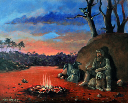 The landscape is sparse, with bare trees and a large rock or hill against which Kelly leans. His loyal dog rests beside him, its presence offering companionship in the desolate wilderness. The overall mood is contemplative, as if Kelly is reflecting on his tumultuous life as a bushranger. 