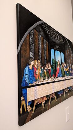 The artwork is a recreation of the famous mural - The Last Supper by Leonardo da Vinci.   A 36 inch by 24-inch acrylic on gallery wrapped canvas, with a double coat of Gamvar Gloss varnish. I have converted the original mural to a stained-glass window style, that is why an arch is visible at the top corners of the artwork. It shows the arch of the stained-glass window. Paints used are Liquidex basic acrylic paints.