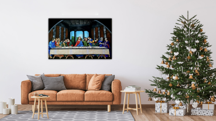 The artwork is a recreation of the famous mural - The Last Supper by Leonardo da Vinci.   A 36 inch by 24-inch acrylic on gallery wrapped canvas, with a double coat of Gamvar Gloss varnish. I have converted the original mural to a stained-glass window style, that is why an arch is visible at the top corners of the artwork. It shows the arch of the stained-glass window. Paints used are Liquidex basic acrylic paints.