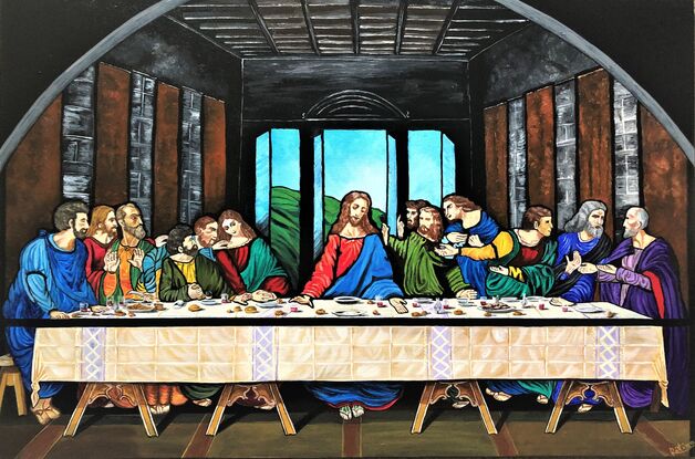 The artwork is a recreation of the famous mural - The Last Supper by Leonardo da Vinci.   A 36 inch by 24-inch acrylic on gallery wrapped canvas, with a double coat of Gamvar Gloss varnish. I have converted the original mural to a stained-glass window style, that is why an arch is visible at the top corners of the artwork. It shows the arch of the stained-glass window. Paints used are Liquidex basic acrylic paints.