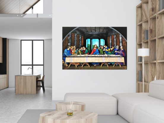 The artwork is a recreation of the famous mural - The Last Supper by Leonardo da Vinci.   A 36 inch by 24-inch acrylic on gallery wrapped canvas, with a double coat of Gamvar Gloss varnish. I have converted the original mural to a stained-glass window style, that is why an arch is visible at the top corners of the artwork. It shows the arch of the stained-glass window. Paints used are Liquidex basic acrylic paints.