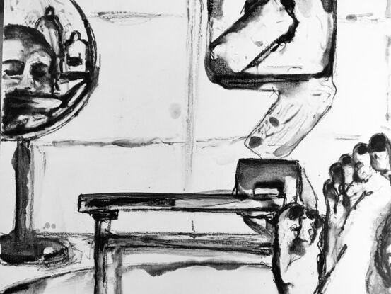 Monochromatic drawing of a lady reading a book in the bath