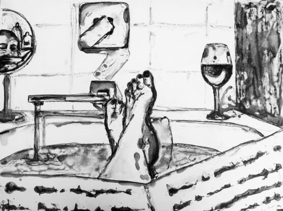 Monochromatic drawing of a lady reading a book in the bath