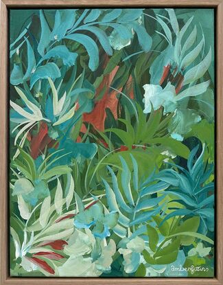 Small framed green and blue abstract landscape painting of a tropical rainforest