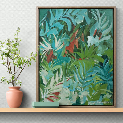 Small framed green and blue abstract landscape painting of a tropical rainforest