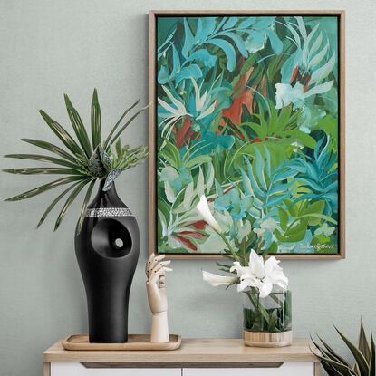 Small framed green and blue abstract landscape painting of a tropical rainforest