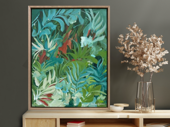 Small framed green and blue abstract landscape painting of a tropical rainforest