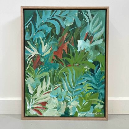 Small framed green and blue abstract landscape painting of a tropical rainforest