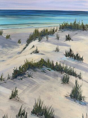 Pathway to the beach with soft pink hues and shadows in the sand dunes 
