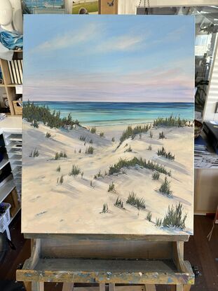 Pathway to the beach with soft pink hues and shadows in the sand dunes 
