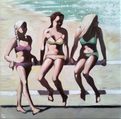 2 seperate canvases...each  with 3 girls on each, in two piece swimsuits sitting on and leaning against a fence. 