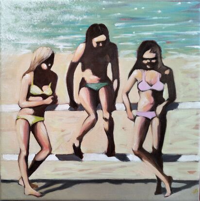 2 seperate canvases...each  with 3 girls on each, in two piece swimsuits sitting on and leaning against a fence. 