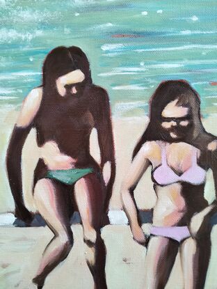 2 seperate canvases...each  with 3 girls on each, in two piece swimsuits sitting on and leaning against a fence. 